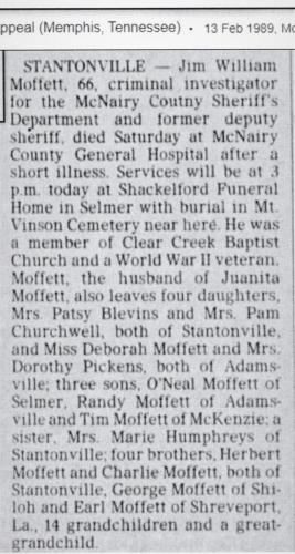 Deputy Jim Moffett Obituary