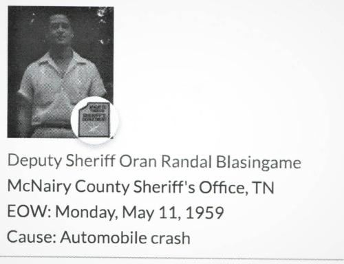 Deputy Sheriff Oran Randal Blasingame Fourth Line of Duty Death McNairy Sheriff Dept May 1959