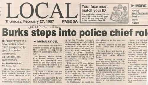 Neal Burks Takes over as Selmer Chief of Police Feb 1997