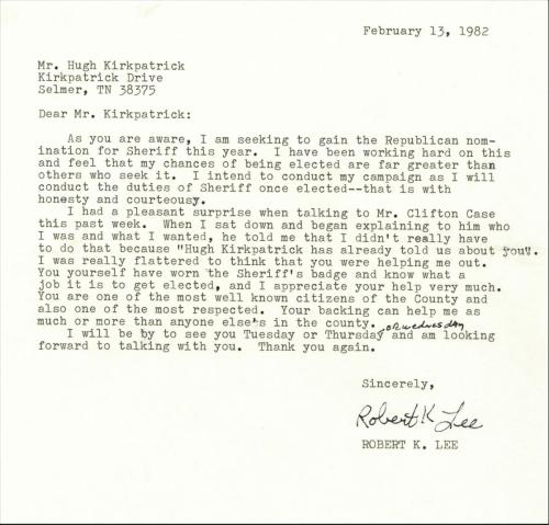 Robert Lee to Hugh Kirkpatrick