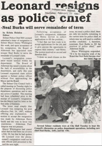 Selmer Chief R B Leonard Resigns