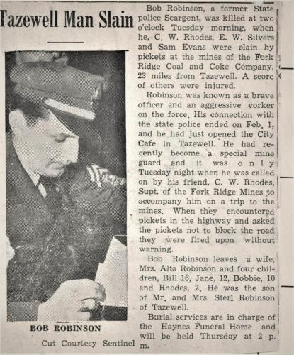 Selmer PD Sargeant Bob Robinson Murdered at Tazewell Coal Strike