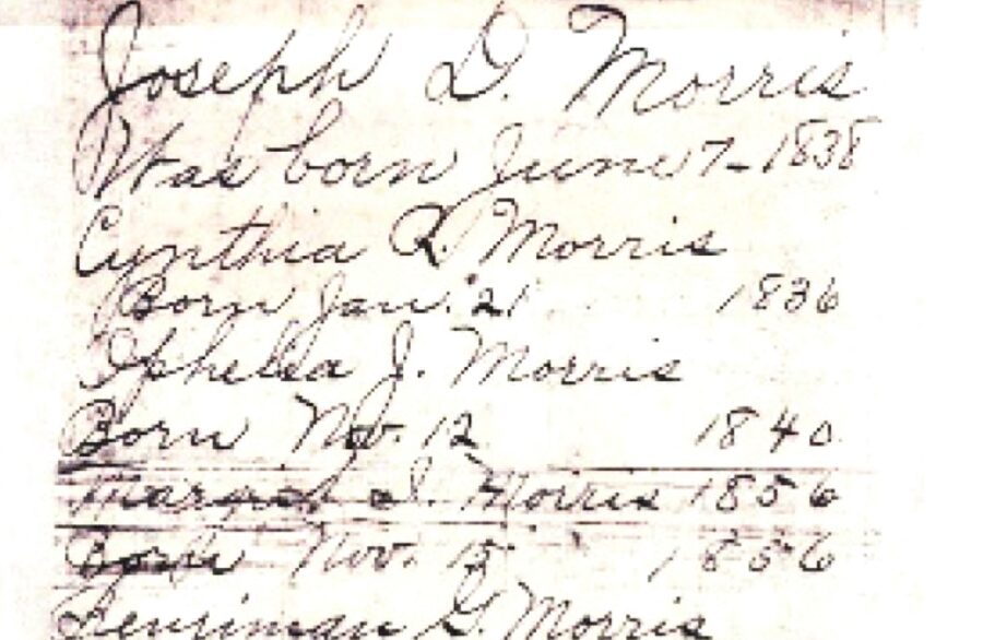 Handwritten family record page from the Joseph Morris bible
